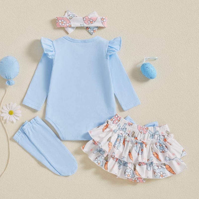 BeQeuewll Newborn Baby Girl Easter Outfit Bunny Clothes Long Sleeve Romper+Bloomers Tutu Skirt+Socks+Headband 4Pcs (First Easter, 0-3 Months) - Image 3