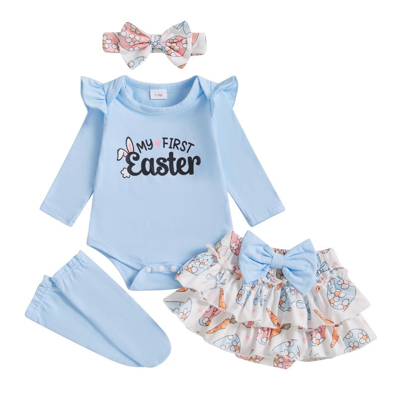 BeQeuewll Newborn Baby Girl Easter Outfit Bunny Clothes Long Sleeve Romper+Bloomers Tutu Skirt+Socks+Headband 4Pcs (First Easter, 0-3 Months) - Image 1