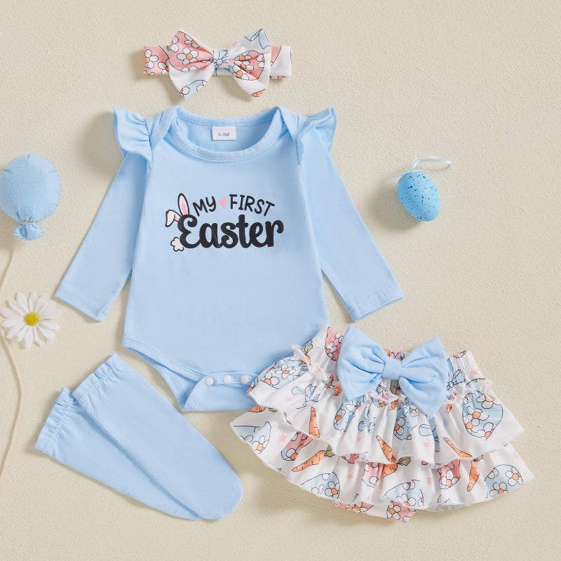 BeQeuewll Newborn Baby Girl Easter Outfit Bunny Clothes Long Sleeve Romper+Bloomers Tutu Skirt+Socks+Headband 4Pcs (First Easter, 0-3 Months) - Image 4