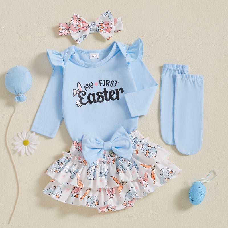 BeQeuewll Newborn Baby Girl Easter Outfit Bunny Clothes Long Sleeve Romper+Bloomers Tutu Skirt+Socks+Headband 4Pcs (First Easter, 0-3 Months) - Image 2