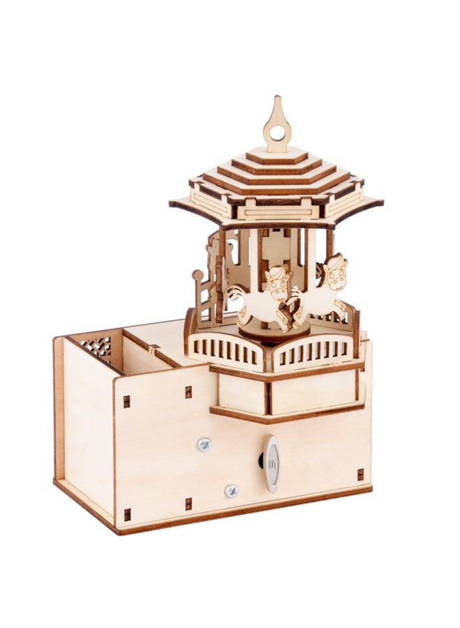 A Generation Of Wooden 3D Three-dimensional Jigsaw Puzzle Children's Toys Carousel Wind-up Eight-tone Box Pen Container-Color:BYH304 Carousel-Coil Music Box Pen Holder - Image 4