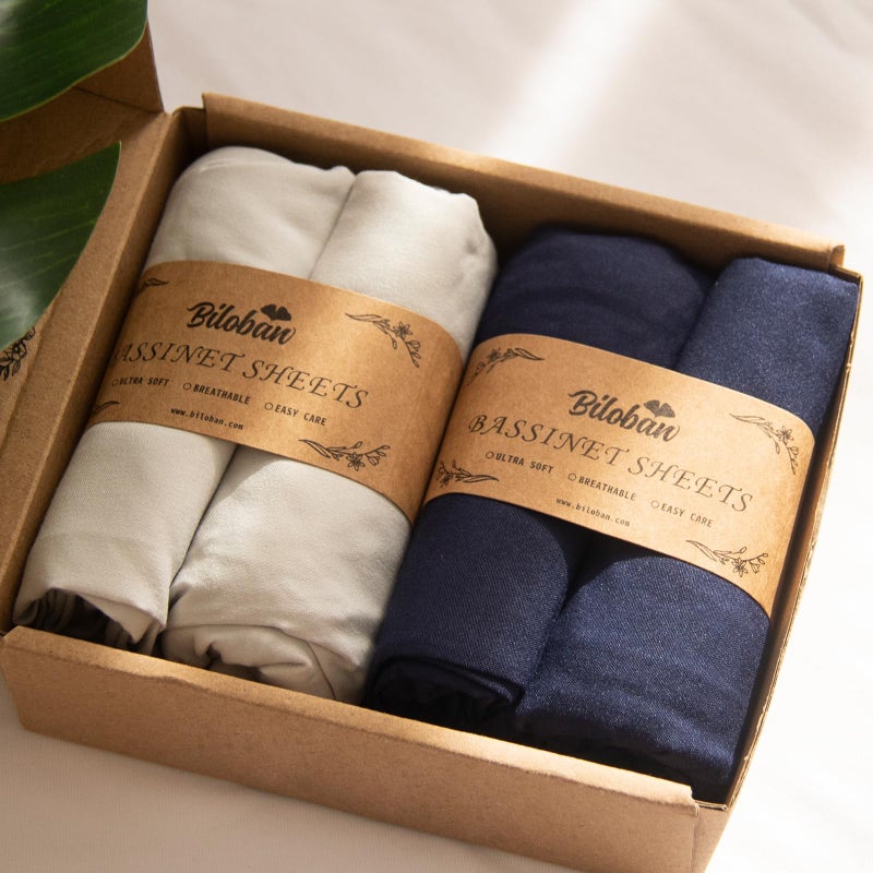 Biloban Baby Bassinet Sheets 4 Pack Compatible with SNOO Smart Sleeper and Chicco LullaGo Anywhere Portable Bassinet, Ultra Soft & Skin-Friendly, Grey and Navy Blue - Image 1