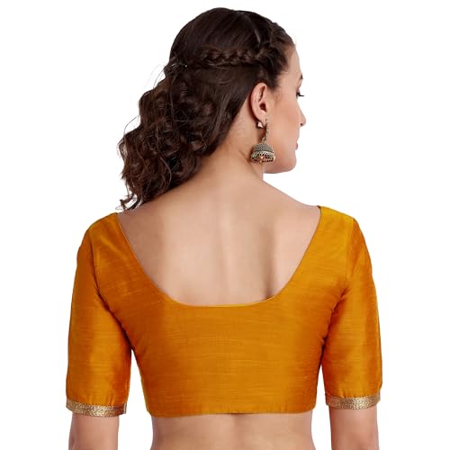 JISB Women's Rayon Plain Blouse with Lace on Elbow Sleeve (Orange, 36) - Image 3