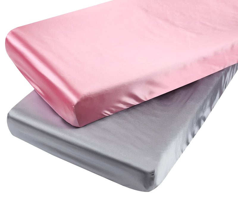 Tcmyyund Satin Pack n Play Sheet Set 2 Pack Ultra Soft Silk Fitted Mini Crib Sheets Playard Sheet Protect for Baby Hair and Skin Grey Pink
