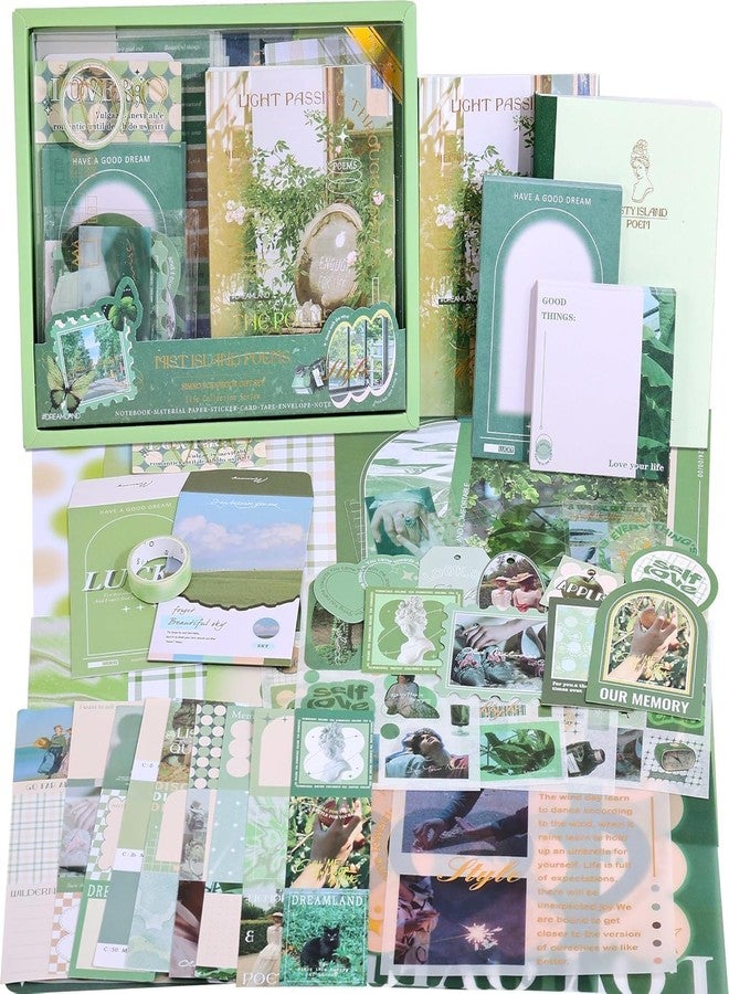 ييفيلي مجموعة أدوات سكرابوكينغ YIFELY Paper Vintage Aesthetic، تتضمن دفتر ملاحظات، وأدوات كتابة، ودفتر ملاحظات A6 بصفحات مربعة، هدية مثالية لتدوين اليوميات (شعر جزيرة ميستي، أخضر). - Image 1
