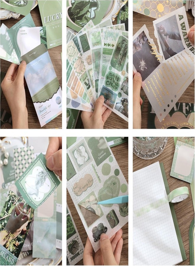 ييفيلي مجموعة أدوات سكرابوكينغ YIFELY Paper Vintage Aesthetic، تتضمن دفتر ملاحظات، وأدوات كتابة، ودفتر ملاحظات A6 بصفحات مربعة، هدية مثالية لتدوين اليوميات (شعر جزيرة ميستي، أخضر). - Image 4