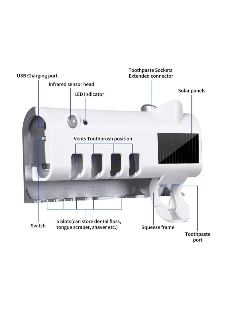 Smart Toothbrush Holder and Toothpaste Dispenser, Bathroom Toothbrush Holder Wall Mounted Toothpaste Dispenser with Rechargeable Solar Powered Rechargeable, USB Charging for Family Bathroom - Image 5