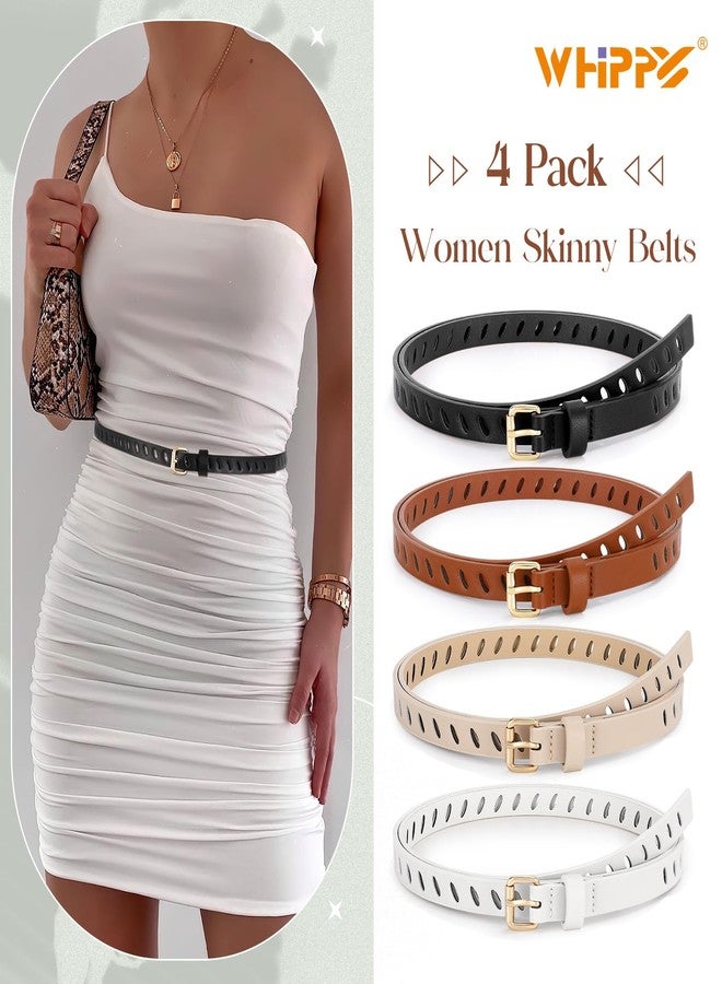 ويبي مجموعة أحزمة نسائية رفيعة من الجلد من WHIPPY، 4 قطع، مناسبة للجينز والسراويل والفساتين. حزام خصر رفيع بإبزيم دبوس وحزام كامل الفتحة، أسود + بني + بيج + أبيض، مقاس L - Image 2