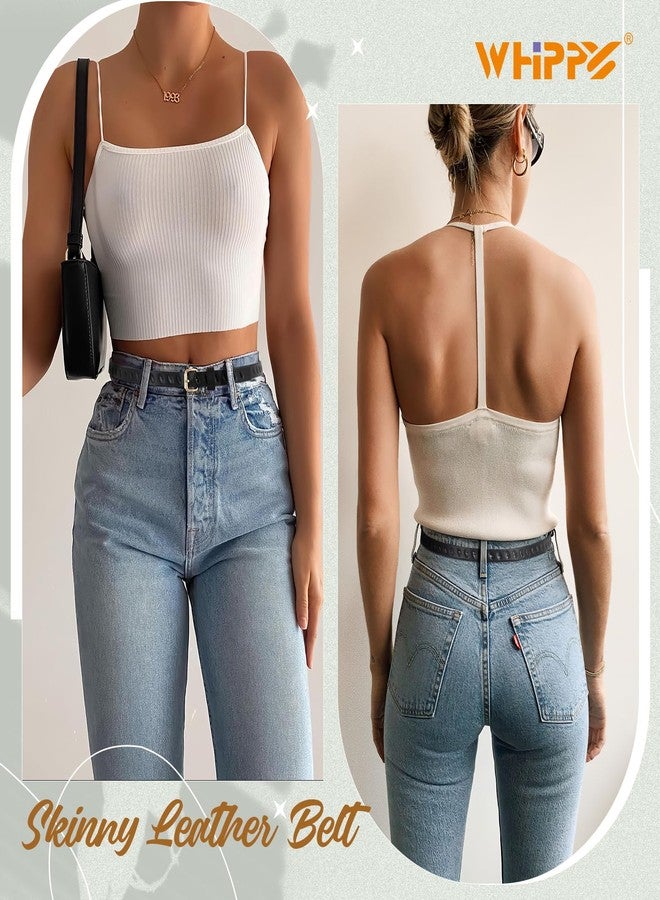 ويبي مجموعة أحزمة نسائية رفيعة من الجلد من WHIPPY، 4 قطع، مناسبة للجينز والسراويل والفساتين. حزام خصر رفيع بإبزيم دبوس وحزام كامل الفتحة، أسود + بني + بيج + أبيض، مقاس L - Image 5