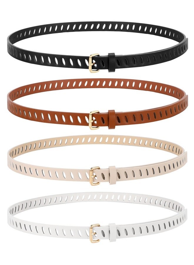 ويبي مجموعة أحزمة نسائية رفيعة من الجلد من WHIPPY، 4 قطع، مناسبة للجينز والسراويل والفساتين. حزام خصر رفيع بإبزيم دبوس وحزام كامل الفتحة، أسود + بني + بيج + أبيض، مقاس L - Image 1