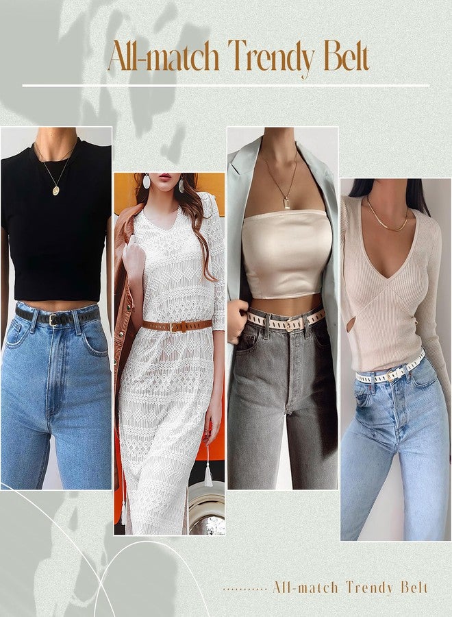 ويبي مجموعة أحزمة نسائية رفيعة من الجلد من WHIPPY، 4 قطع، مناسبة للجينز والسراويل والفساتين. حزام خصر رفيع بإبزيم دبوس وحزام كامل الفتحة، أسود + بني + بيج + أبيض، مقاس L - Image 3