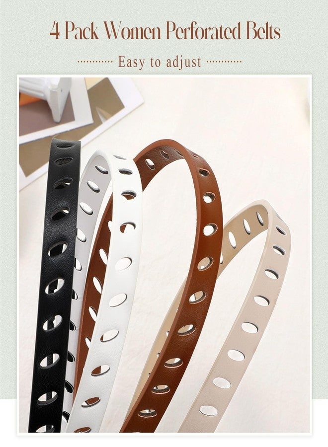 ويبي مجموعة أحزمة نسائية رفيعة من الجلد من WHIPPY، 4 قطع، مناسبة للجينز والسراويل والفساتين. حزام خصر رفيع بإبزيم دبوس وحزام كامل الفتحة، أسود + بني + بيج + أبيض، مقاس L - Image 4