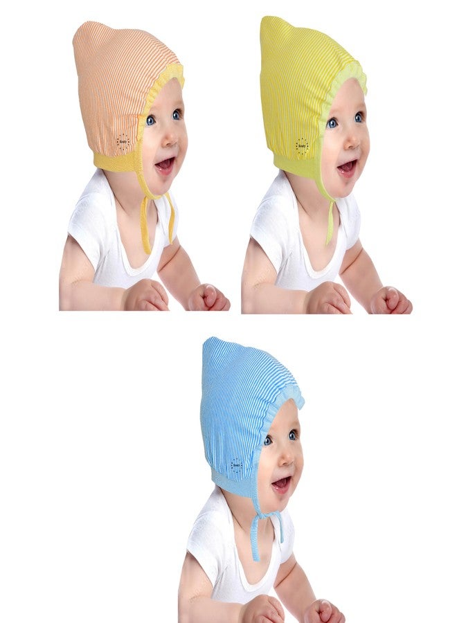 KEATY New Born Baby Boys and Girls Double Layer Hosiery Cotton Tie Knot Cap| Unisex Multicolor Topi| Adjustable Head Protect Baby Hat Pack of 3 (in, Age, 18 Months, 24 Months, Baby Boys, Line Cap) - Image 1