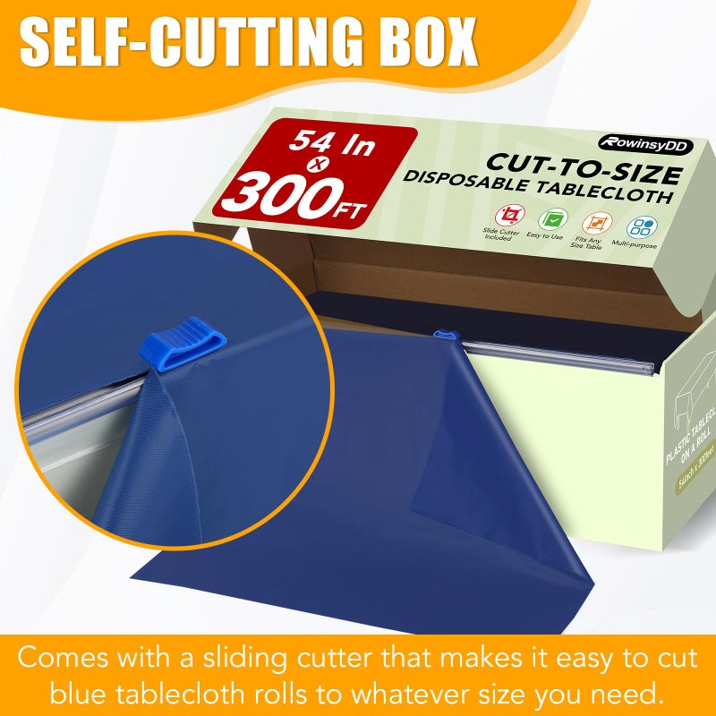 RowinsyDD 54 in X 300 FT Blue Plastic Table Cover Roll with Slide Cutter, Cuts Up to 36 Rectangle 8 Feet Disposable Plastic Table Cloths, Disposable Table Cover Roll for Dinning, Parties, BBQ, Wedding, Outdoor - Image 2