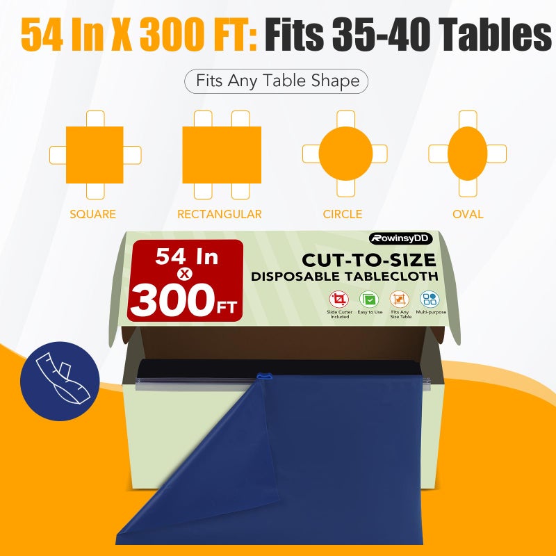 RowinsyDD 54 in X 300 FT Blue Plastic Table Cover Roll with Slide Cutter, Cuts Up to 36 Rectangle 8 Feet Disposable Plastic Table Cloths, Disposable Table Cover Roll for Dinning, Parties, BBQ, Wedding, Outdoor - Image 4