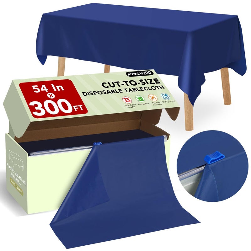 RowinsyDD 54 in X 300 FT Blue Plastic Table Cover Roll with Slide Cutter, Cuts Up to 36 Rectangle 8 Feet Disposable Plastic Table Cloths, Disposable Table Cover Roll for Dinning, Parties, BBQ, Wedding, Outdoor - Image 1