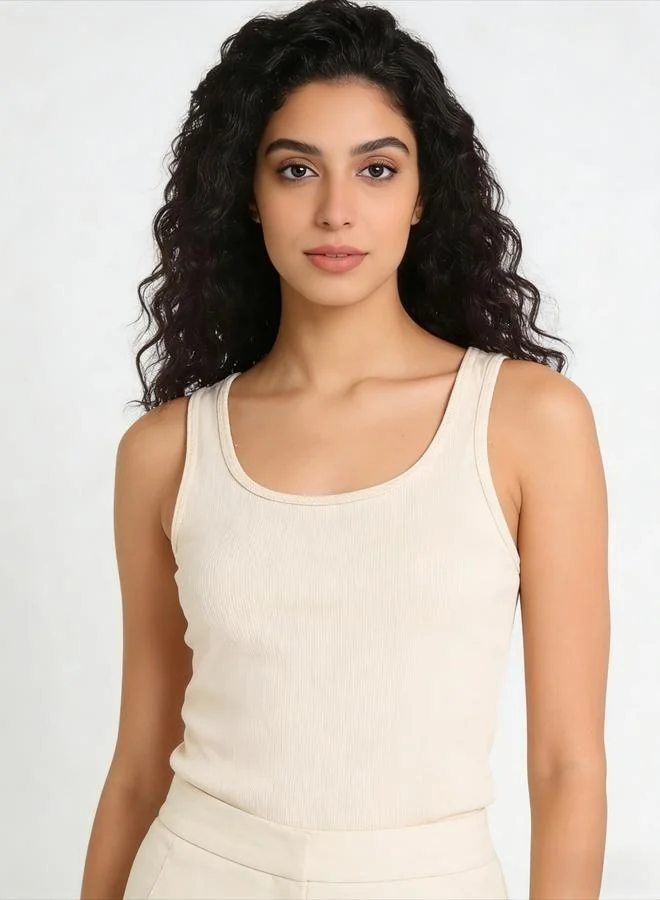 Take Two Beige Solid Scoop Neck Tank Top