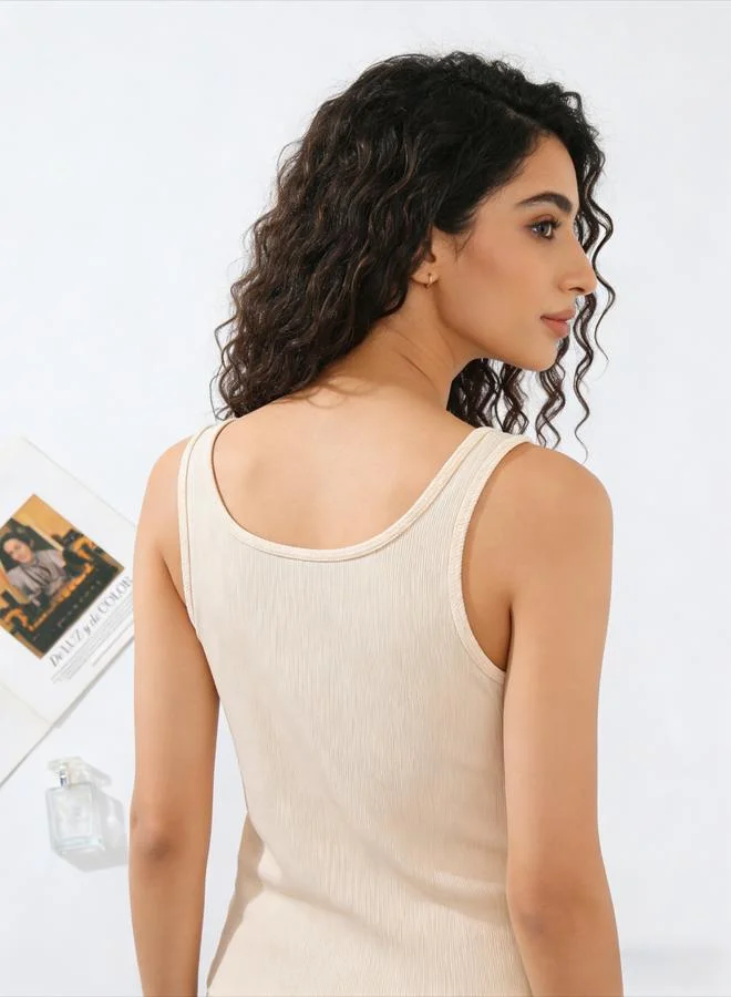 Take Two Beige Solid Scoop Neck Tank Top