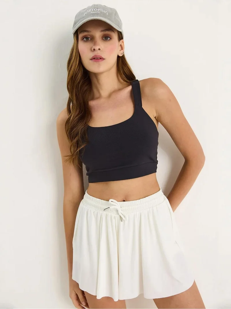Bianco Lucci Dark Grey LUCCI Fitted Square Collar Crop Blouse for Women | Best Price UAE