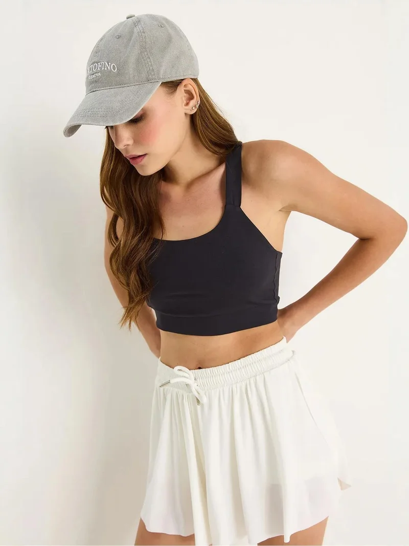 Bianco Lucci Dark Grey LUCCI Fitted Square Collar Crop Blouse for Women | Best Price UAE