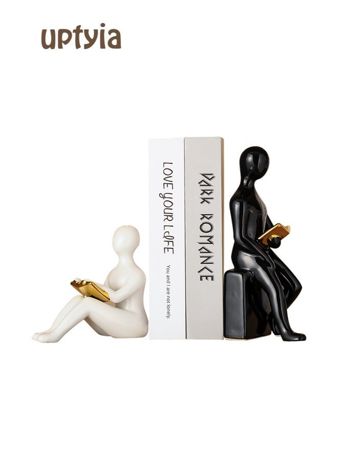 DECORATIVE BOOKENDS, CERAMIC BOOK ENDS FOR SHELVES, HOME OFFICE DECOR AESTHETIC BOOK STOPPER READING BOOK HOLDERS STATUES FOR BOOKSHELF BEDROOM LIVING ROOM DECORATION (WHITE AND BLACK)