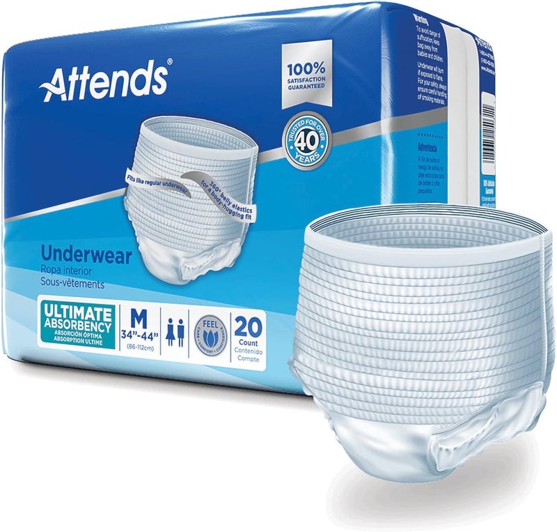 Attends Underwear for Adult Incontinence Care with Quickdry Channels Ultimate Absorbency Unisex Medium 20 Count x4 - Image 1