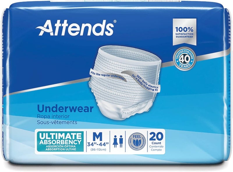Attends Underwear for Adult Incontinence Care with Quickdry Channels Ultimate Absorbency Unisex Medium 20 Count x4 - Image 2
