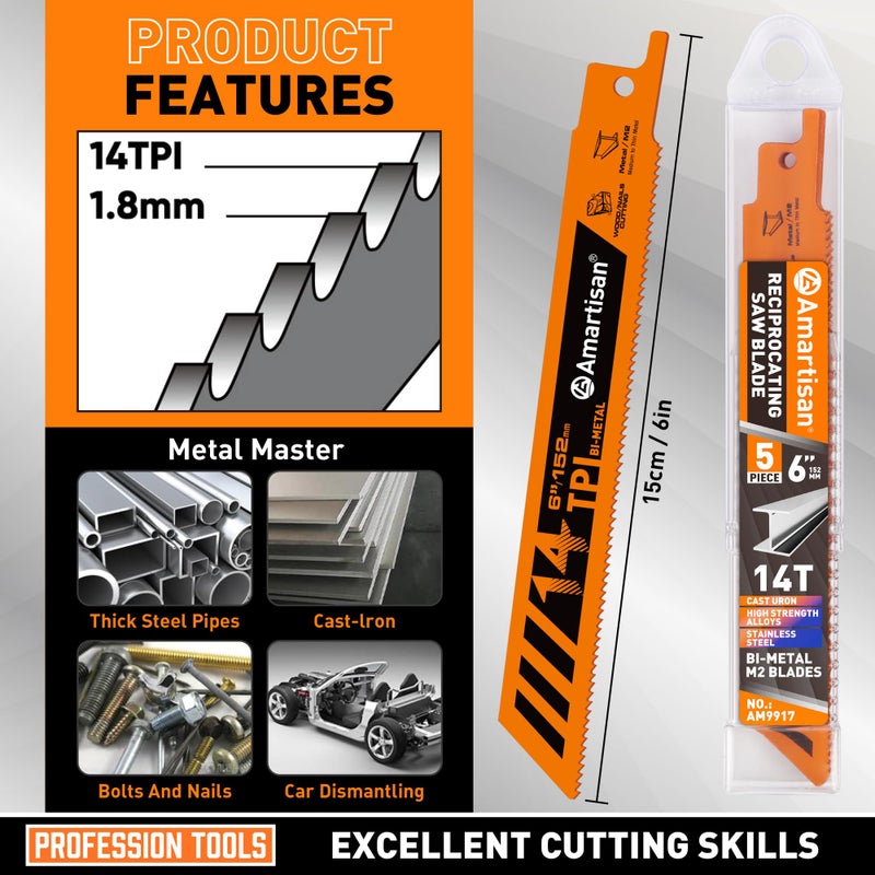AMARTISAN 5-Piece 6 Inch 14TPI Heavy Metal Cutting Reciprocating Saw Blades,Suitable for Metal Cutting, Pipes, and Steel Bars - Image 3