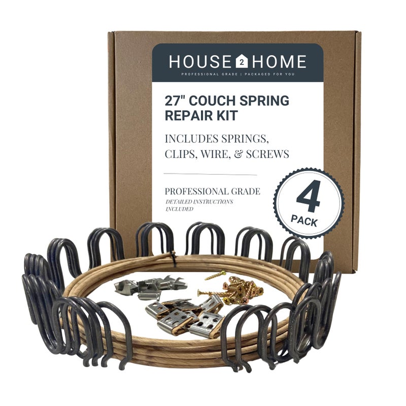 House2Home 27" Couch Spring Repair Kit to Fix Sofa Support for Sagging Cushions - Includes 4pk of Springs, Upholstery Spring Clips, Seat Spring Stay Wire, Screws, and Installation Instructions