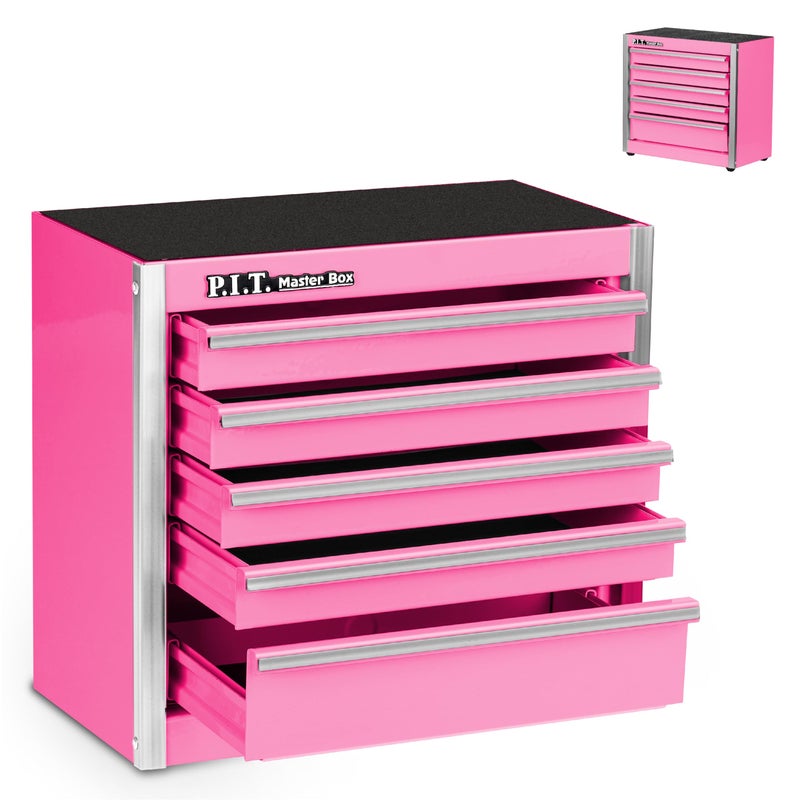 PIT P.I.T. Mini Pink Tool Box, Portable 5-Drawer Micro Roll Cab Steel Tool Box with Liner, Pink Small Tool Case for Tools Storage, Home DIY - Image 1