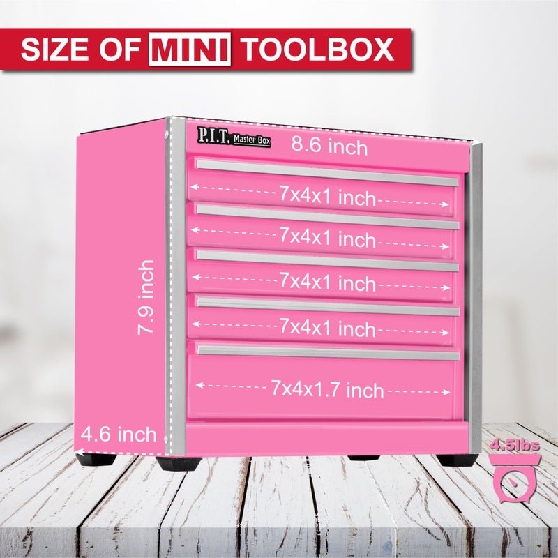 PIT P.I.T. Mini Pink Tool Box, Portable 5-Drawer Micro Roll Cab Steel Tool Box with Liner, Pink Small Tool Case for Tools Storage, Home DIY - Image 2
