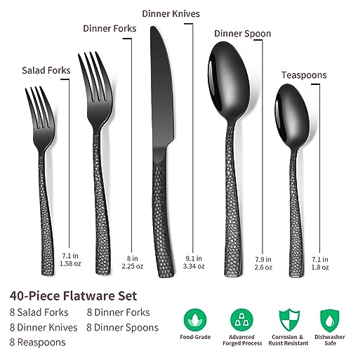 Remoxye 40-Piece Silverware Set, Black Hammered Stainless Steel Flatware Sets for 8, Food-Grade Tableware Set, Including Fork Knife Spoon Set, Durable Home Kitchen Cutlery Sets, Dishwasher Safe - Image 2