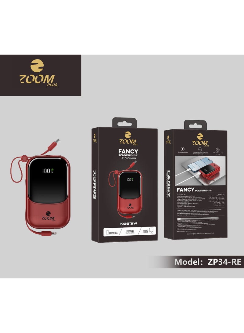 ZOOM PLUS Fancy Power Bank 20000mAh PD 22.5W Fast Charging, Built-in Cable, Digital Display, Compact Portable Charger for iPhone, Android & USB-C Devices – Model ZP34-B - Image 4