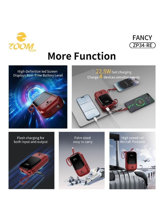 ZOOM PLUS Fancy Power Bank 20000mAh PD 22.5W Fast Charging, Built-in Cable, Digital Display, Compact Portable Charger for iPhone, Android & USB-C Devices – Model ZP34-B - Image 2