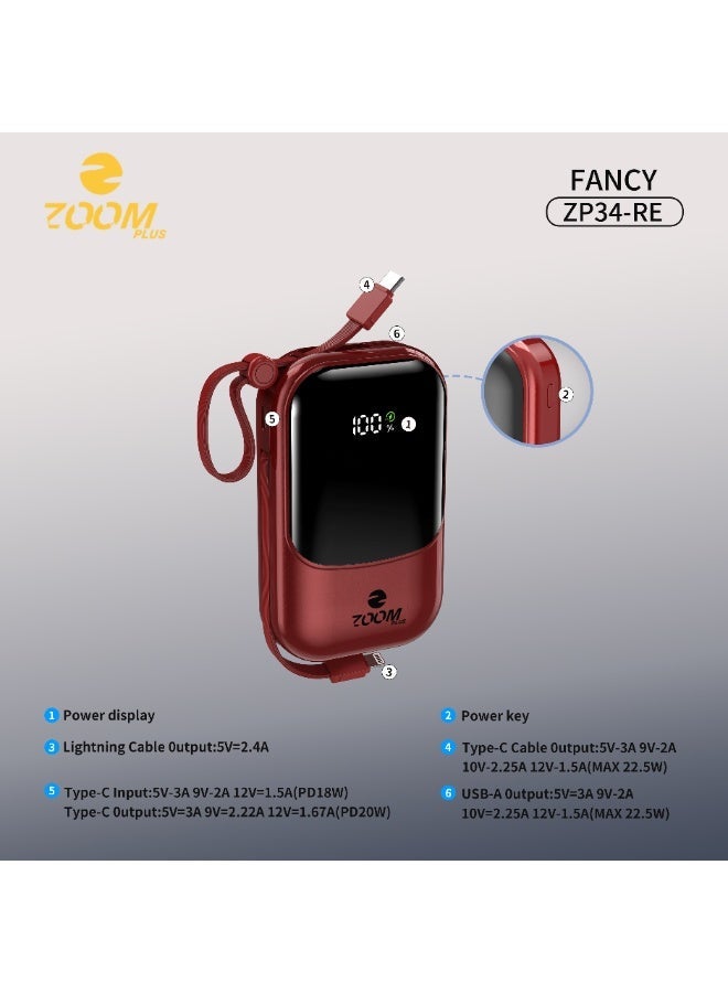 ZOOM PLUS Fancy Power Bank 20000mAh PD 22.5W Fast Charging, Built-in Cable, Digital Display, Compact Portable Charger for iPhone, Android & USB-C Devices – Model ZP34-B - Image 3