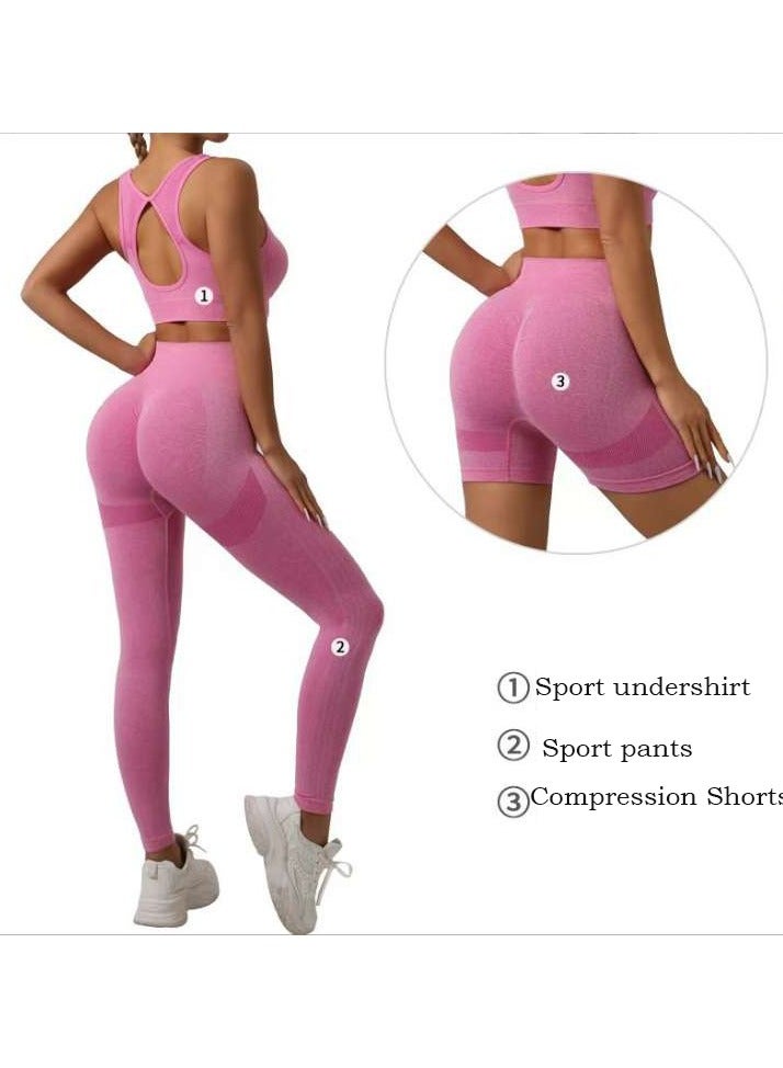 3 Piece Workout Sets for Women Butt Lifting Leggings with High Impact Sports Bra Gym Shorts - Image 1