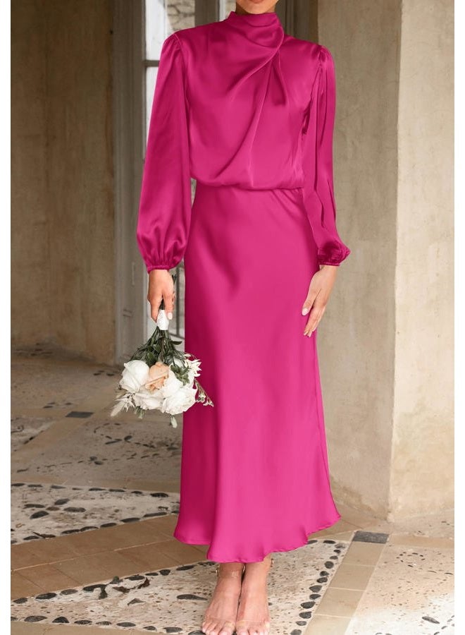 BTFBM Womens Mock Neck Satin Dress Spring Summer 2026 Long Sleeve Lightweight Formal Wedding Party Maxi Cocktail Dresses, Rose Red, L - Image 2