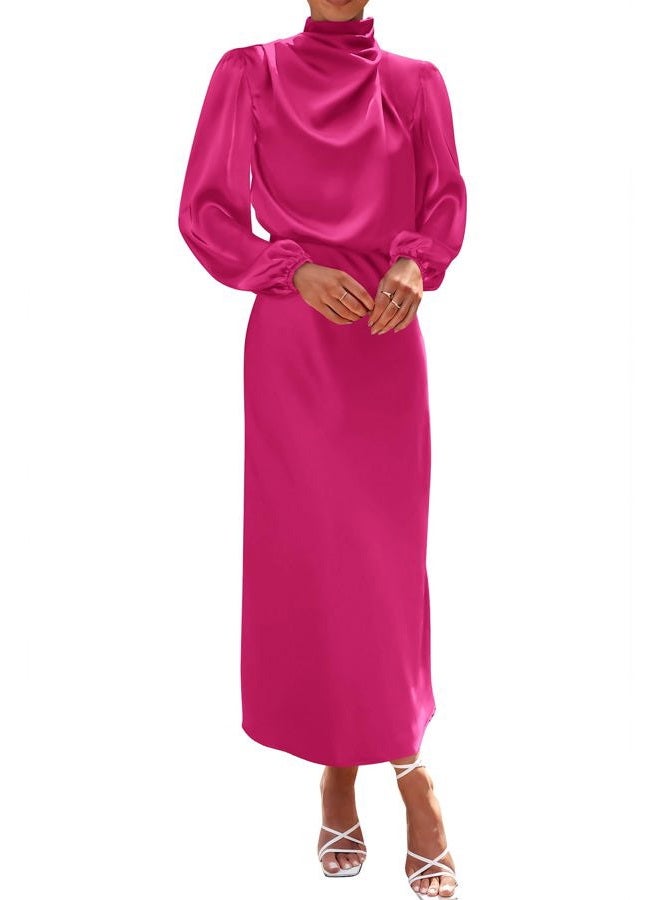BTFBM Womens Mock Neck Satin Dress Spring Summer 2026 Long Sleeve Lightweight Formal Wedding Party Maxi Cocktail Dresses, Rose Red, L - Image 1