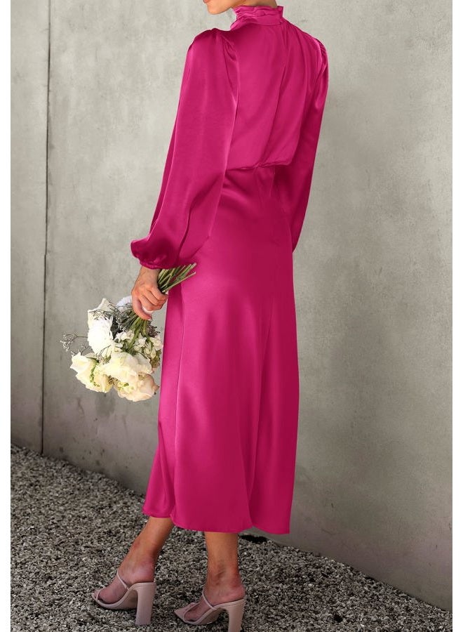 BTFBM Womens Mock Neck Satin Dress Spring Summer 2026 Long Sleeve Lightweight Formal Wedding Party Maxi Cocktail Dresses, Rose Red, L - Image 3