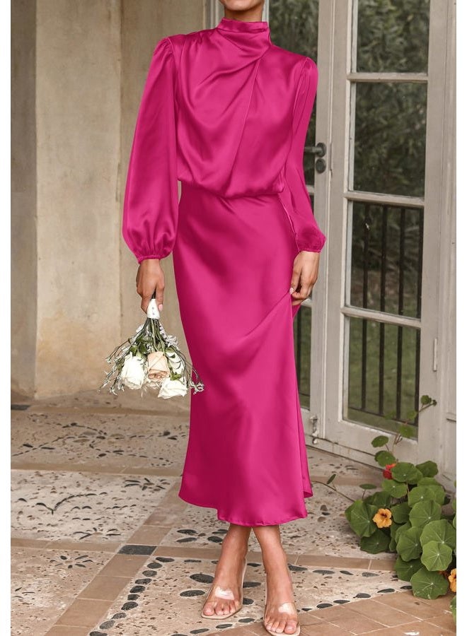 BTFBM Womens Mock Neck Satin Dress Spring Summer 2026 Long Sleeve Lightweight Formal Wedding Party Maxi Cocktail Dresses, Rose Red, L - Image 4