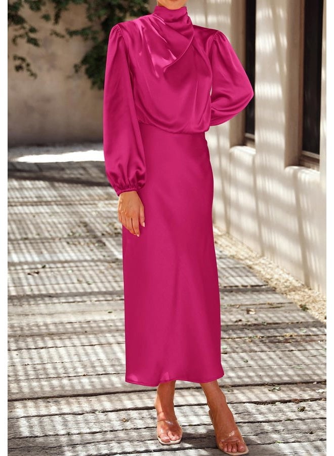 BTFBM Womens Mock Neck Satin Dress Spring Summer 2026 Long Sleeve Lightweight Formal Wedding Party Maxi Cocktail Dresses, Rose Red, L - Image 5