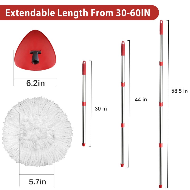 Hibaby 2 Spin Mop Head Replacement, 1 Base, 1 Mop Handle (30-58in) Combo Mops Set Compatible with OCedar EasyWring RinseClean Microfiber Mops (White (1-Tank System)) - Image 4