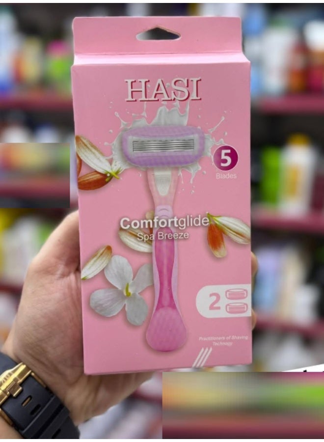 Razor For Women, Pivoted Head, Comfort glide Spa Breeze, Five Blade, 1 Piece + 2 Blades