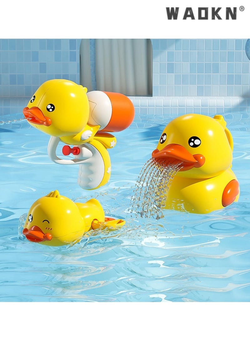 WAOKN Toddler Bath Toys Set - Safety Bath Duckies, 3PCS Cute Duck Baby Bathtub Toys Including Water Gun, Shower Sprinkler, and Floating Wind-up Toy, Perfect for Preschool Toddlers and Pool Fun  - Image 1