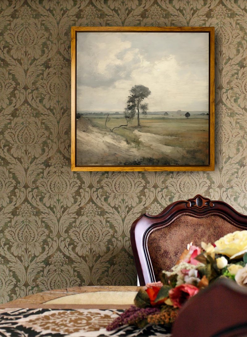 لوحة كانفاس على إطار خشبي بإطار خارجي باللون الخشبي وتصميم منظر كلاسيكي لحقل هادئ - Image 1