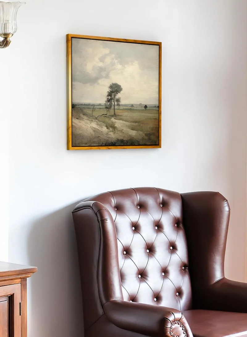 LOWHA Canvas Wall Art Stretched Over Wooden Frame with Wooden Color Floating Frame and Vintage Style Field of Serenity Painting