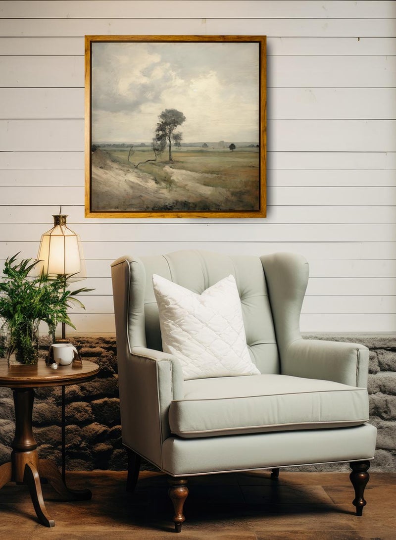 لوحة كانفاس على إطار خشبي بإطار خارجي باللون الخشبي وتصميم منظر كلاسيكي لحقل هادئ - Image 3