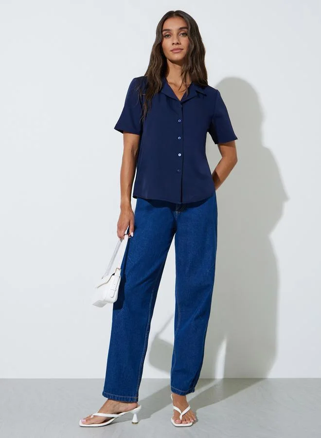 ستايلي Navy Blue Cuban Collar Short Sleeve Relaxed Fit Shirt