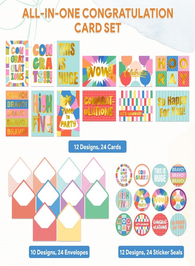 Decorably 24 Pack Gold-Foiled 6x4in Fun Blank Congratulations Card Set with Envelopes & Stickers, 12 Colorful Designs for Graduations, Appreciation for Coworkers, Compliment, Recognition - Image 3