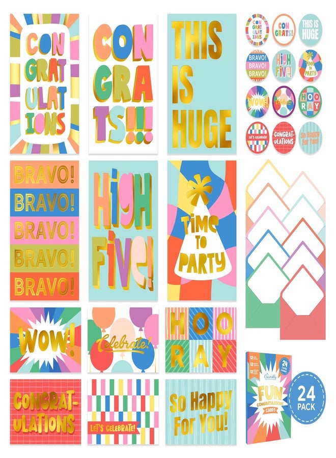 Decorably 24 Pack Gold-Foiled 6x4in Fun Blank Congratulations Card Set with Envelopes & Stickers, 12 Colorful Designs for Graduations, Appreciation for Coworkers, Compliment, Recognition - Image 1